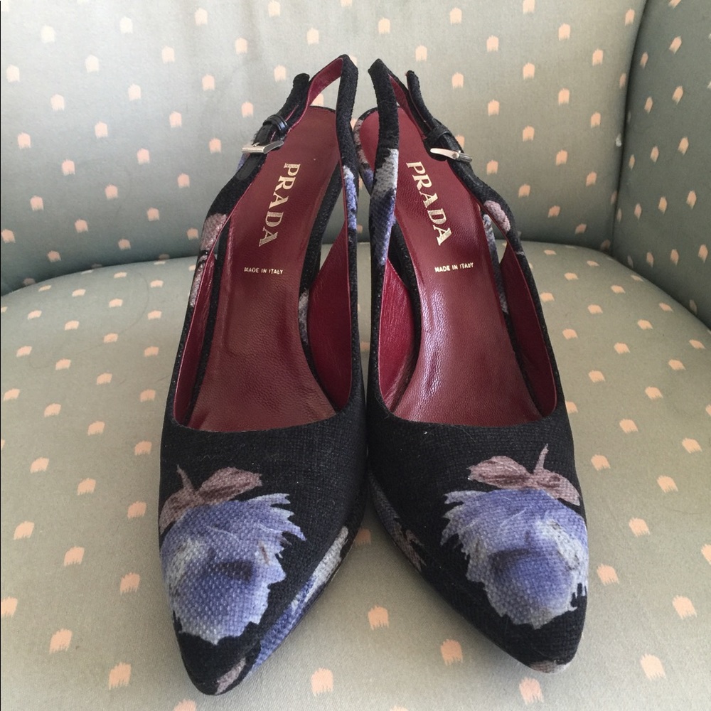 Prada Blue Gray Black Platform Slingback Heels